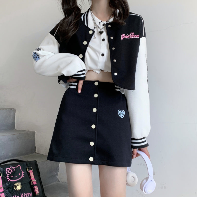 Student Baseball Letter Embroidery Vintage Retro Y2K Jacket Black Denim Short Mini Skirt Two Piece Set