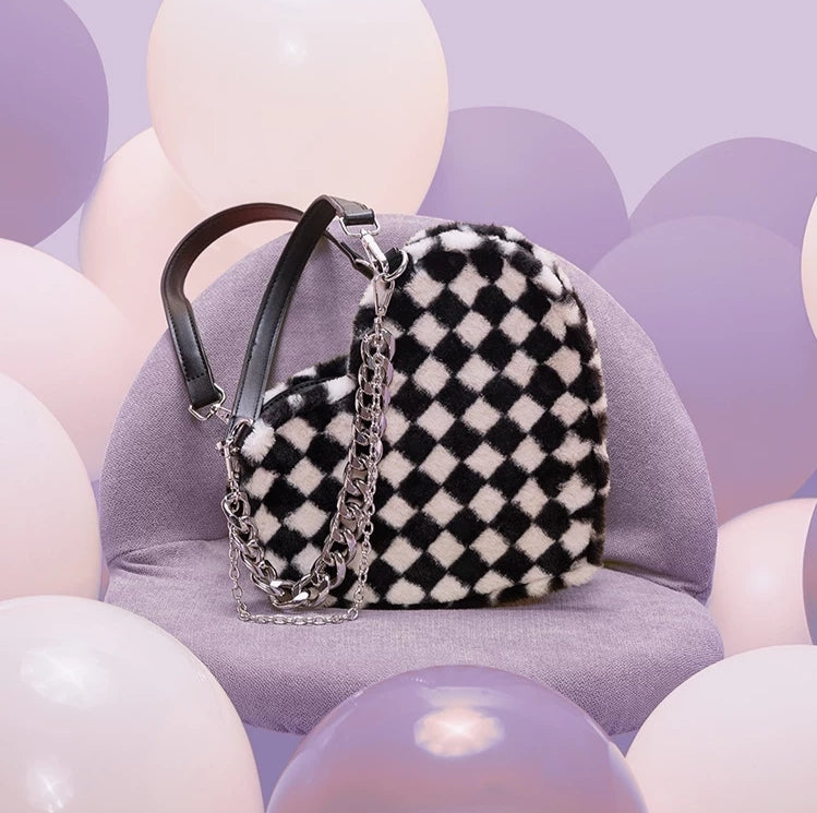 Autumn Checkerboard Print Heart Love Shaped French European Hot Sexy Classic Vintage Women Black Strap Shoulder Bag