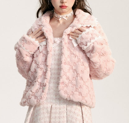 Sweet Pink Ribbon Bow Knot Fluff Fur Plush Coat Jacket