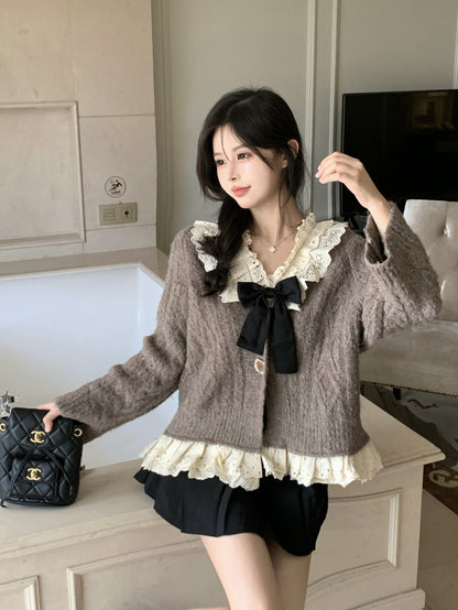 Autumn Winter Women Gray Sweet White Ruffled Bow Lace Knitted Cardigan Sweaters