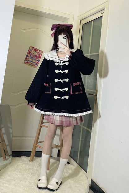 Japanese Cute Girl Women Bow Embroidery Heart Love Shape Sailor Collar Pink Black Coat Jacket