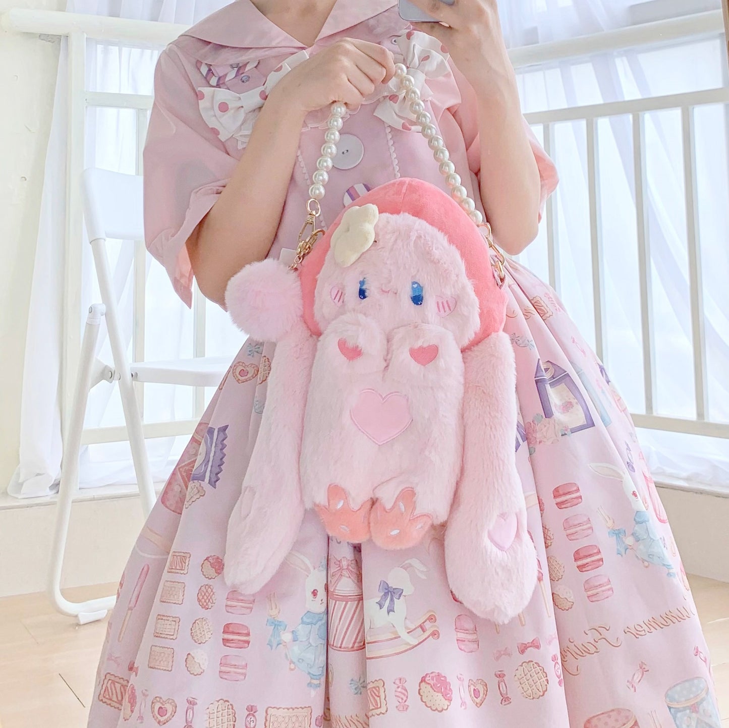 Princess Doll Cute Girl Student Rabbit Bunny Peach Fruit Hood Plush Doll Fluff Shoulder Bag