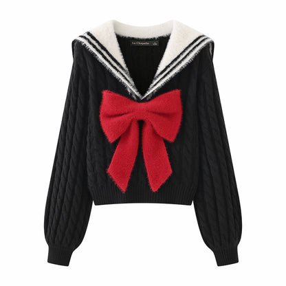 Japanese Girl Style Sailor Collar Cute Red Bow Black Sweater