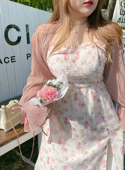 Plus Size Women Spring Summer Retro Floral Rose Pearl Embroidery Flower Print Strap Dress