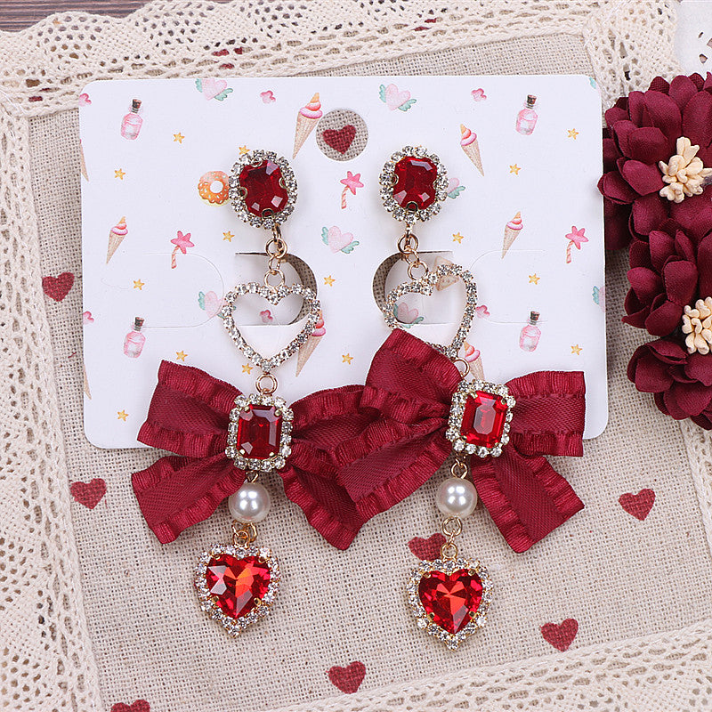 Ruby Gem Pearl Jewelry Diamond Classic Burgundy Scarlet Red Bow Fairy Tales Princess Earrings