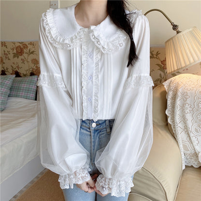 Elegant Lace Cuff Long Sleeve White Japanese Blouses Love Sleeve T Shirts