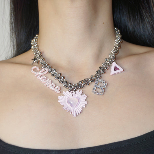 Y2K Retro Silver Chain Crystal Pink Blue Heart Pendant Necklace