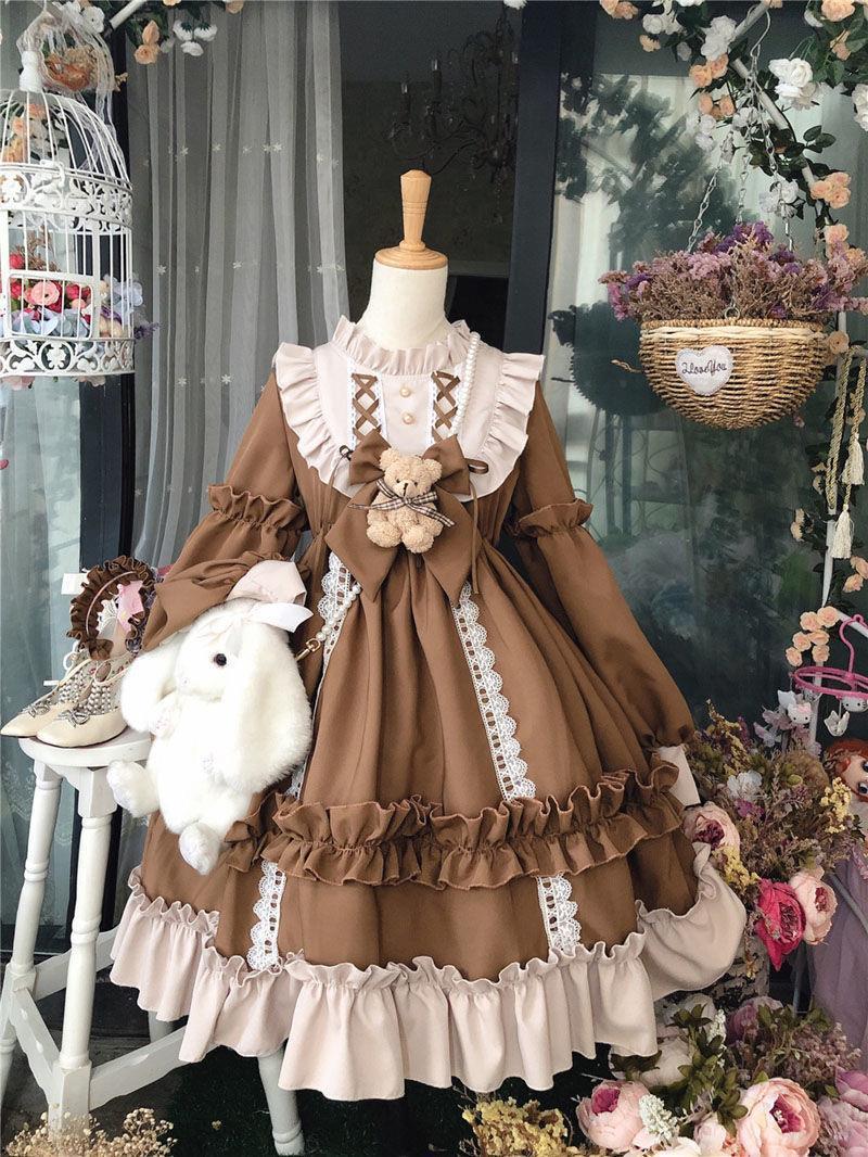 Plus Size Women Japanese Doll Cute Fairytale Princess Chocolate Brown & Sky Blue Long Sleeve Dress