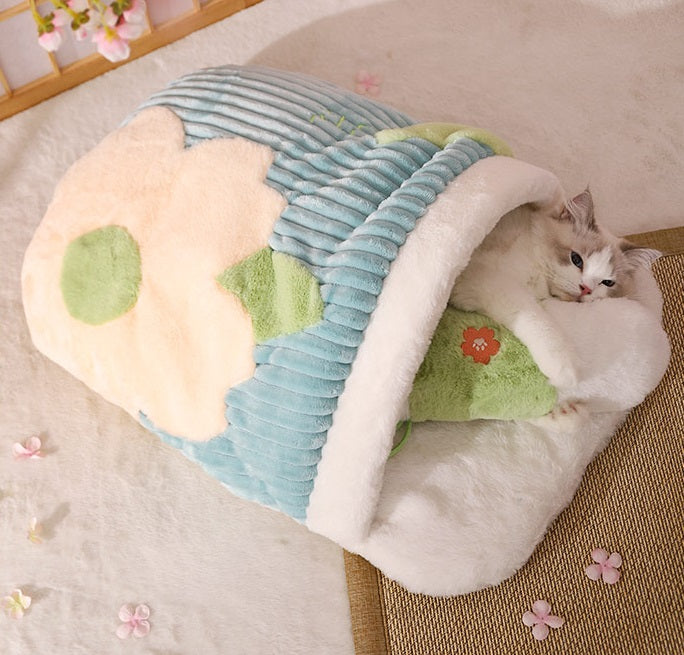 Japanese Flower Tatami Mat Bed with Warm Quit Cats Dogs Pets Beds