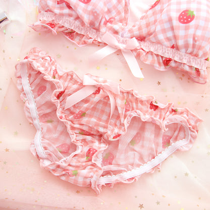 Strawberry Plaid Pattern Lace Bow Girl Sweet Japanese Student Bra Set Pink Panties Underwear Lingerie