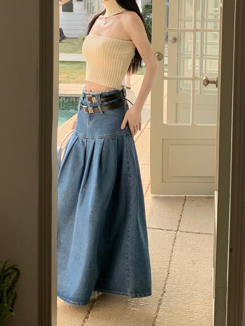 Summer Fashion Cute Trendy Retro High Waist A-line Denim Jeans Long Pleated Skirt