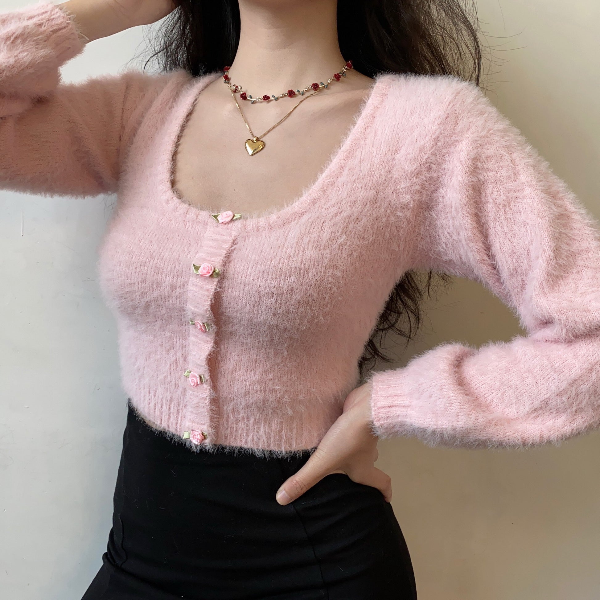 European French Spring Autumn Winter Girl Sexy Women Rose Flower Button High Waist U Neck Plush Pink Sweater Cardigan