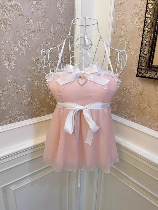Sweetheart Princess Romantic Pink Vintage Coquette White Ribbon Strap Tank Top Camisole