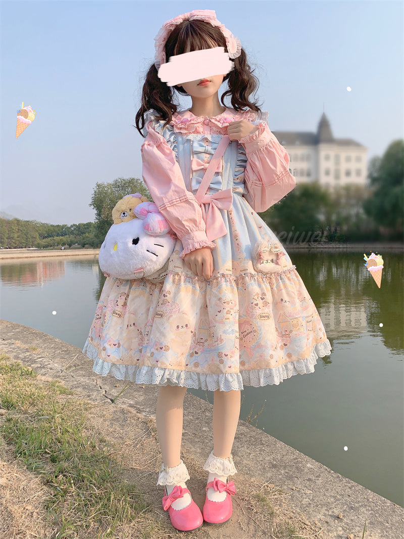 Japanese Girl Cute Doll Collar Elegant Lace Pink & White Long Sleeve T Shirt Blouse Top