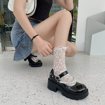 Japanese Cute Student Girl Spring Fall Autumn Pearl Fashion Mary Jane Black High Heels Leather Shoes