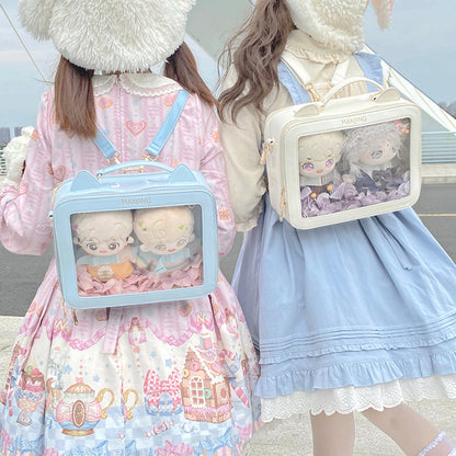 Cat Ears White Blue Pink Black Leather Bag
