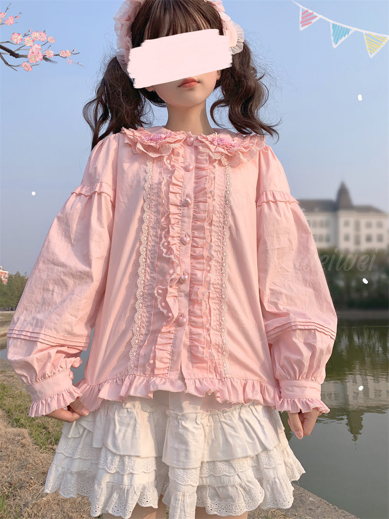 Japanese Girl Cute Doll Collar Elegant Lace Pink & White Long Sleeve T Shirt Blouse Top