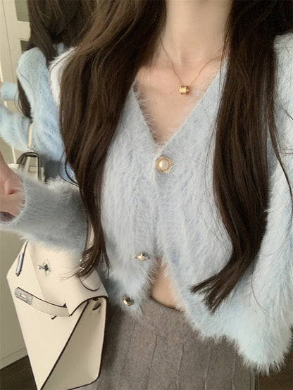 Elegant Pink Blue Black White Faux Mink Fur Velvet Soft Fluffy Camisole Cardigan Sweater Two Piece Set