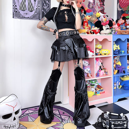 Punk Retro Y2K Hot Girls Women Cool Trendy Black Emo Goth Dark Socks Set Leather Satin Half Skirt