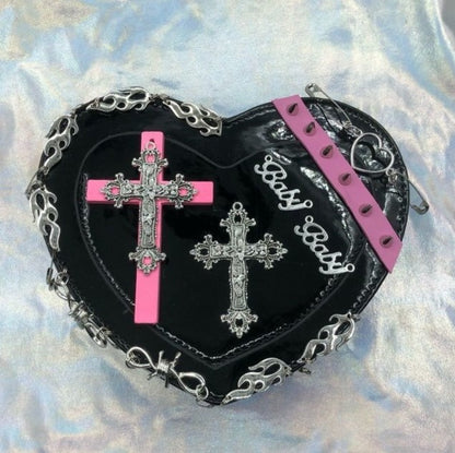 Y2K Gothic Punk Goth Girl Sexy Black Hot Pink Heart Shaped Cross Chains Decorated Messenger Bag