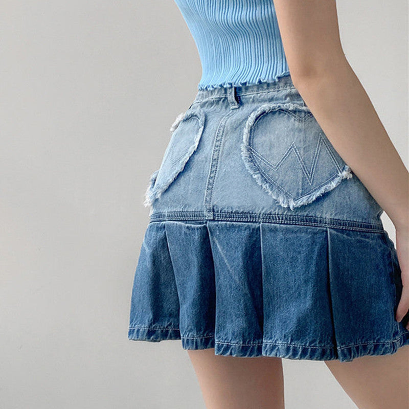 Summer American Retro Love Heart Girl High Waist Denim Pleated Skirt